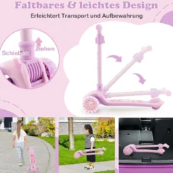 Klappbarer Kinder Roller mit PU LED Rädern & Hinterbremse Höhenverstellbarer Scooter Pink