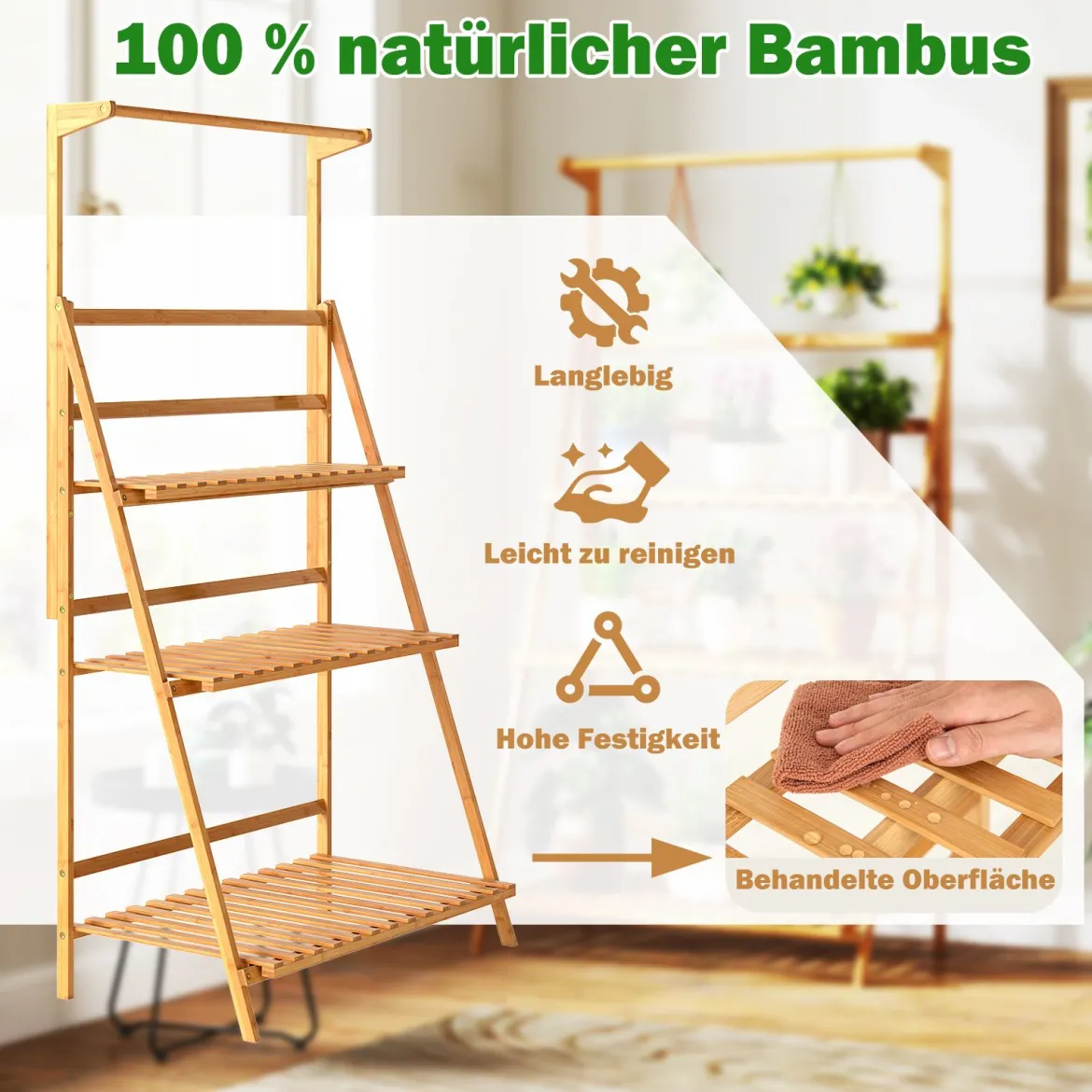Klappbarer Pflanzenständer Blumentreppe Pflanzentreppe Bambus Blumenständer Natur 71 x 40 x 120 cm