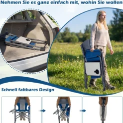 Klappbarer Regiestuhl mit Seitentisch & Seitentasche & Getränkehalter Campingstuhl Blau