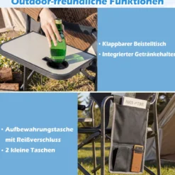Klappbarer Regiestuhl mit Seitentisch & Seitentasche & Getränkehalter Campingstuhl Schwarz
