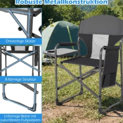 Klappbarer Regiestuhl mit Seitentisch & Seitentasche & Getränkehalter Campingstuhl Schwarz
