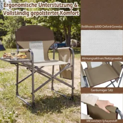 Klappbarer Regiestuhl mit Seitentisch & Seitentasche & Getränkehalter Campingstuhl Braun