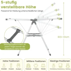 Klappbarer Wäscheständer mit 5-stufiger Höhenverstellung & 21 Wäschestangen & 10 Seitenklammern