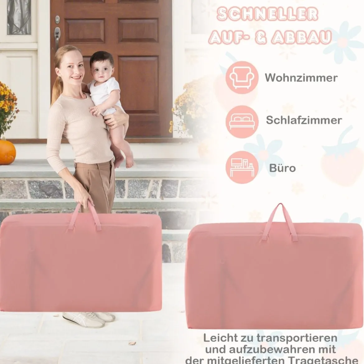 Klappbares Beischlafbett mit 4 Verstellbaren Höhen & Einziehbaren Füßen & Tragetasche