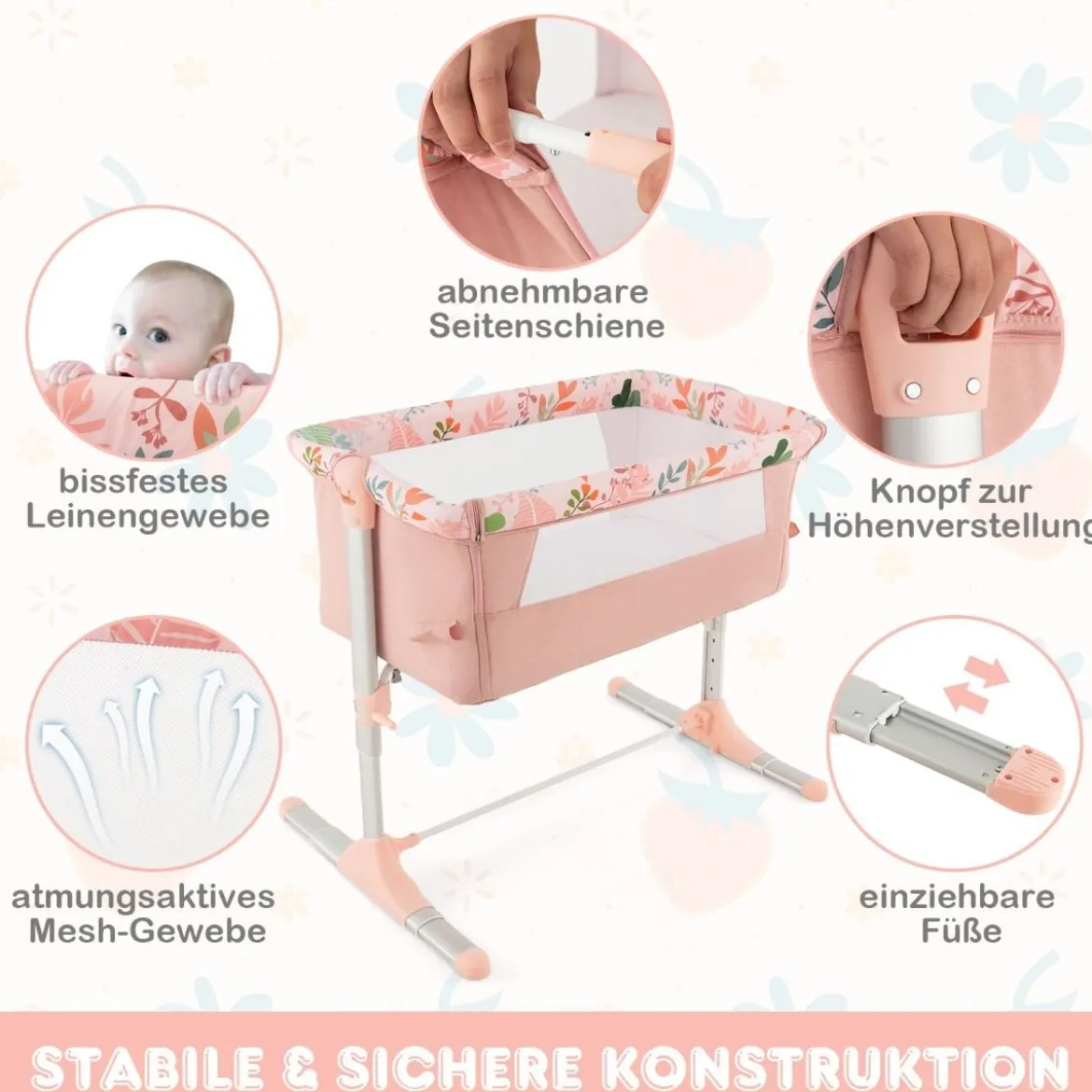 Klappbares Beischlafbett mit 4 Verstellbaren Höhen & Einziehbaren Füßen & Tragetasche