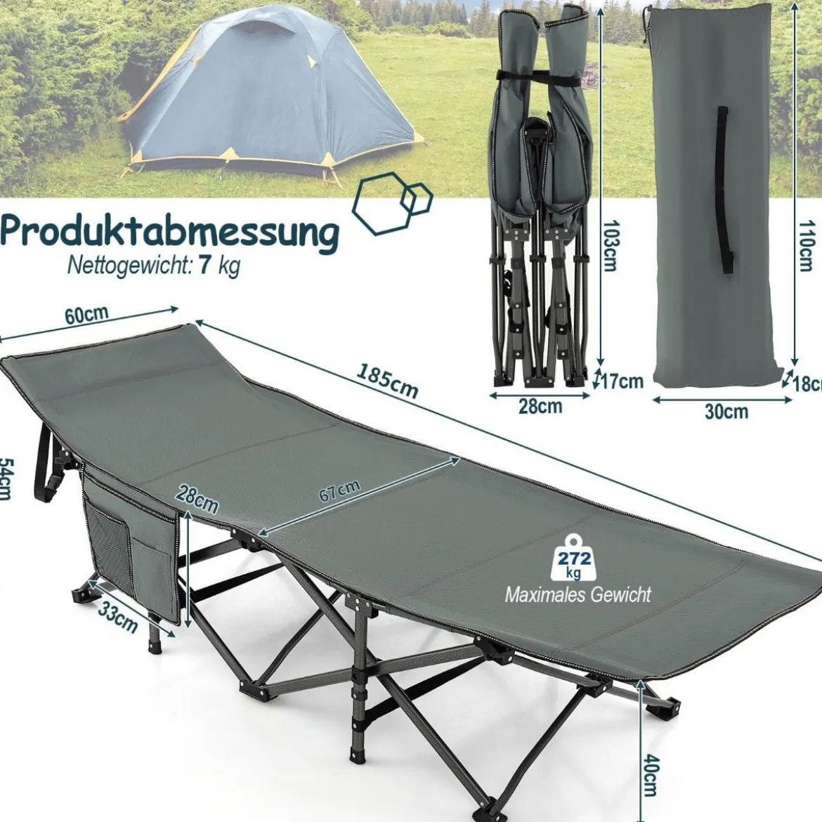 Klappbares Campingbett Strapazierfähiges Reisebett 190 x 70 x 54 cm Grau
