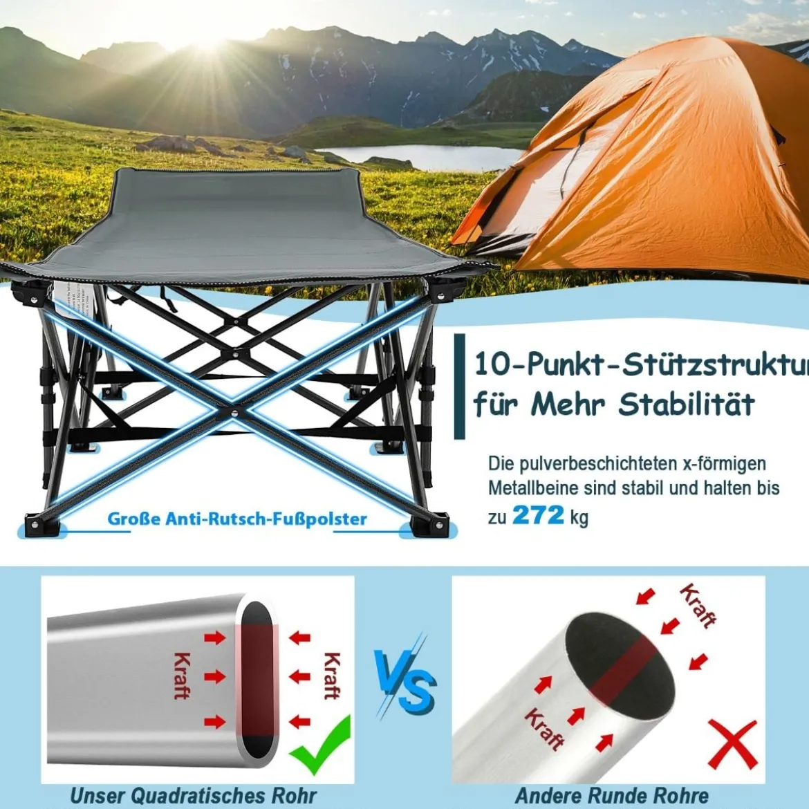 Klappbares Campingbett Strapazierfähiges Reisebett 190 x 70 x 54 cm Grau
