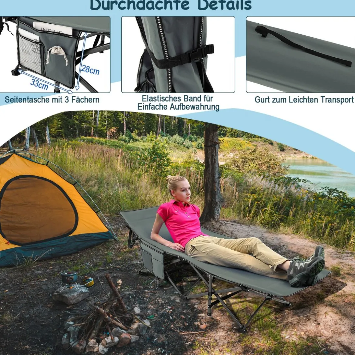 Klappbares Campingbett Strapazierfähiges Reisebett 190 x 70 x 54 cm Grau