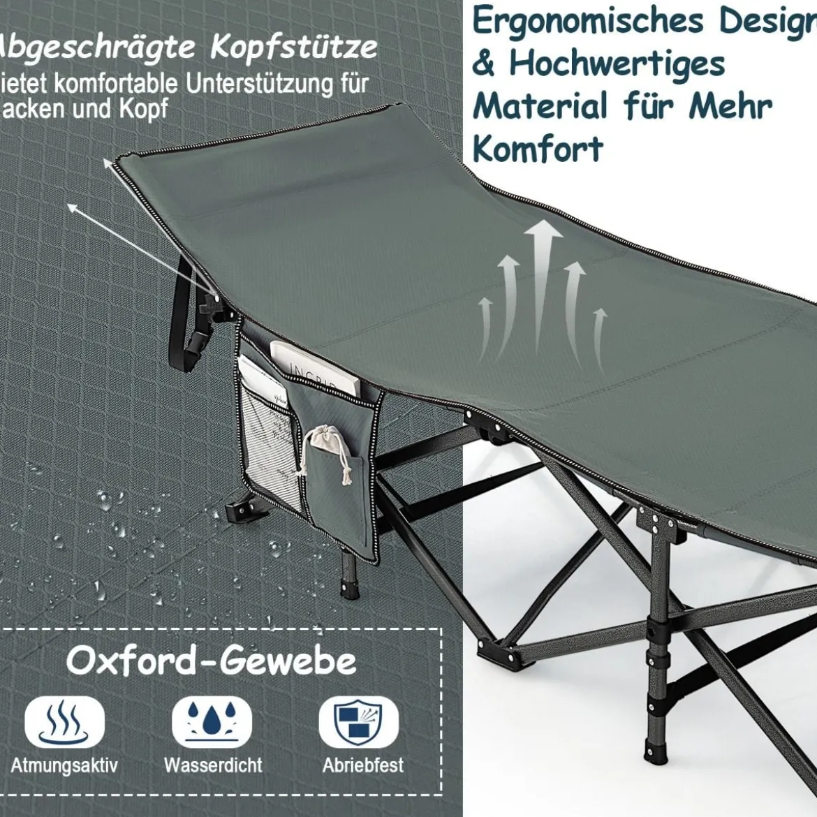 Klappbares Campingbett Strapazierfähiges Reisebett 190 x 70 x 54 cm Grau