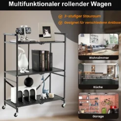 Klappbare Servierwagen mit 4 Rollen 3 Etagen Metallregal für Küche Büro Schwarz