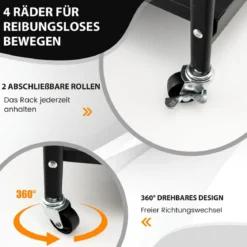 Klappbare Servierwagen mit 4 Rollen 3 Etagen Metallregal für Küche Büro Schwarz