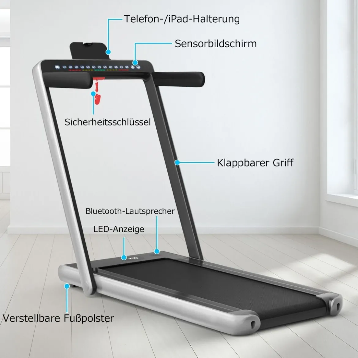 Klappbares 2-in-1-Laufband Heimtrainer mit zwei LED-Anzeigen APP & Fernbedienung Silber
