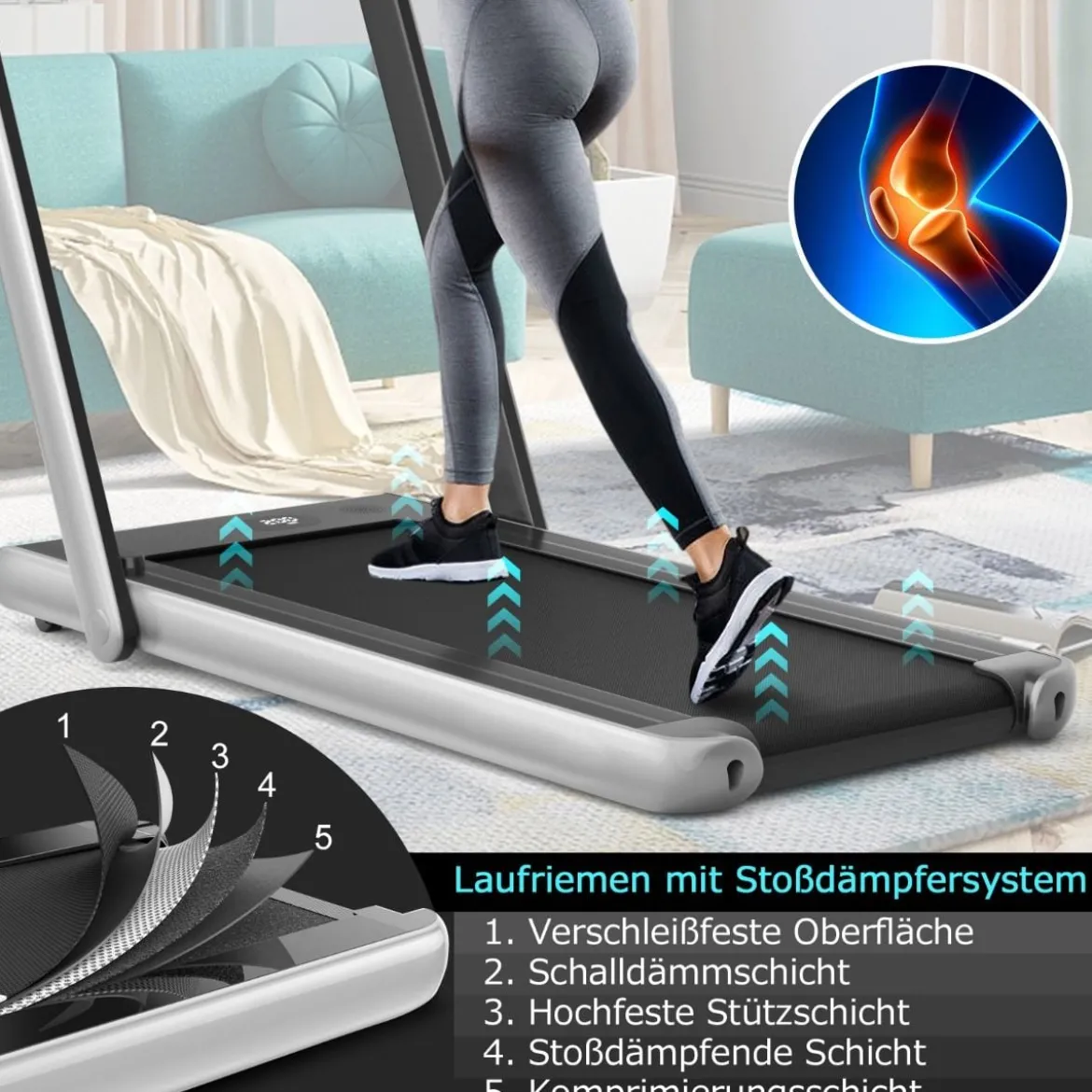 Klappbares 2-in-1-Laufband Heimtrainer mit zwei LED-Anzeigen APP & Fernbedienung Silber