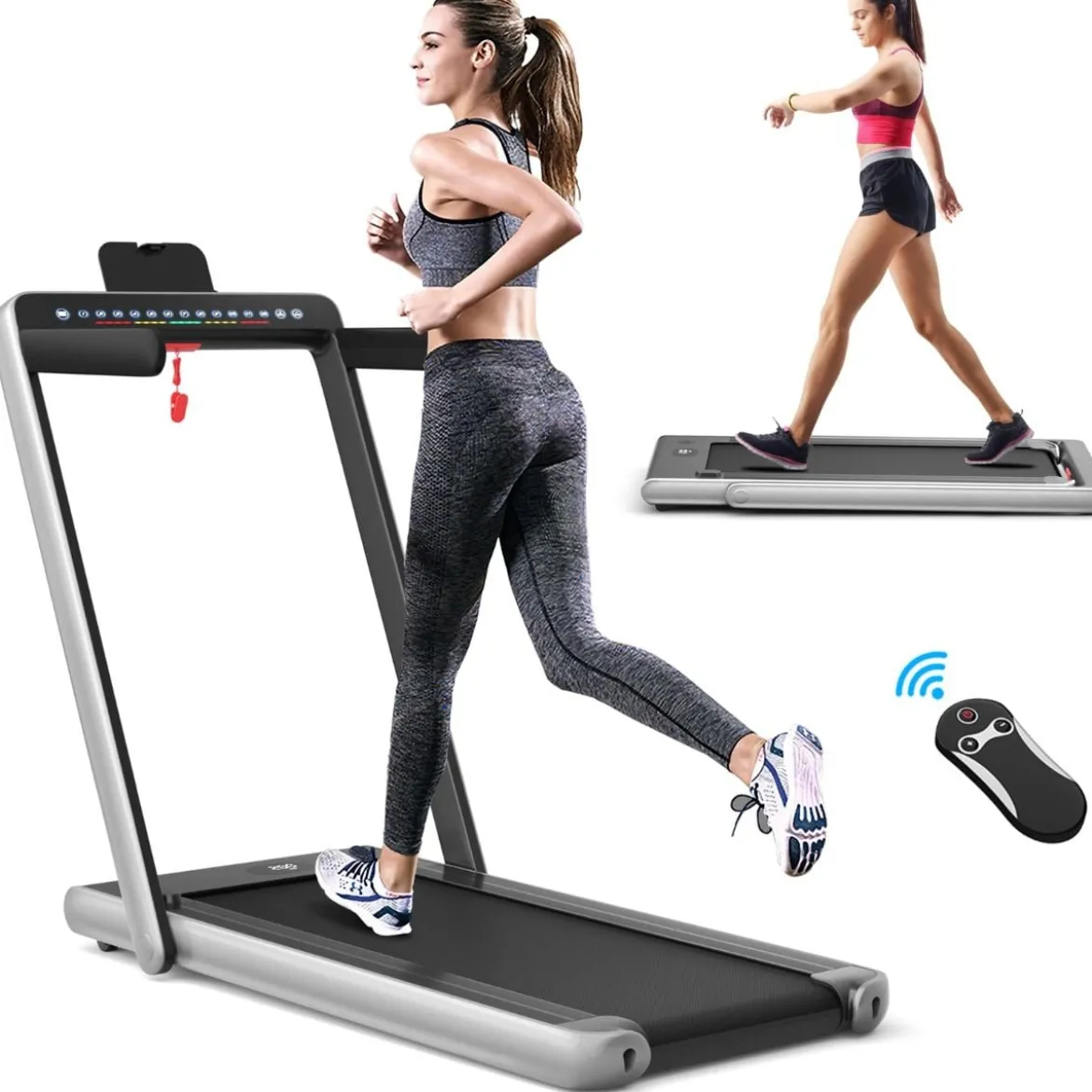 Klappbares 2-in-1-Laufband Heimtrainer mit zwei LED-Anzeigen APP & Fernbedienung Silber