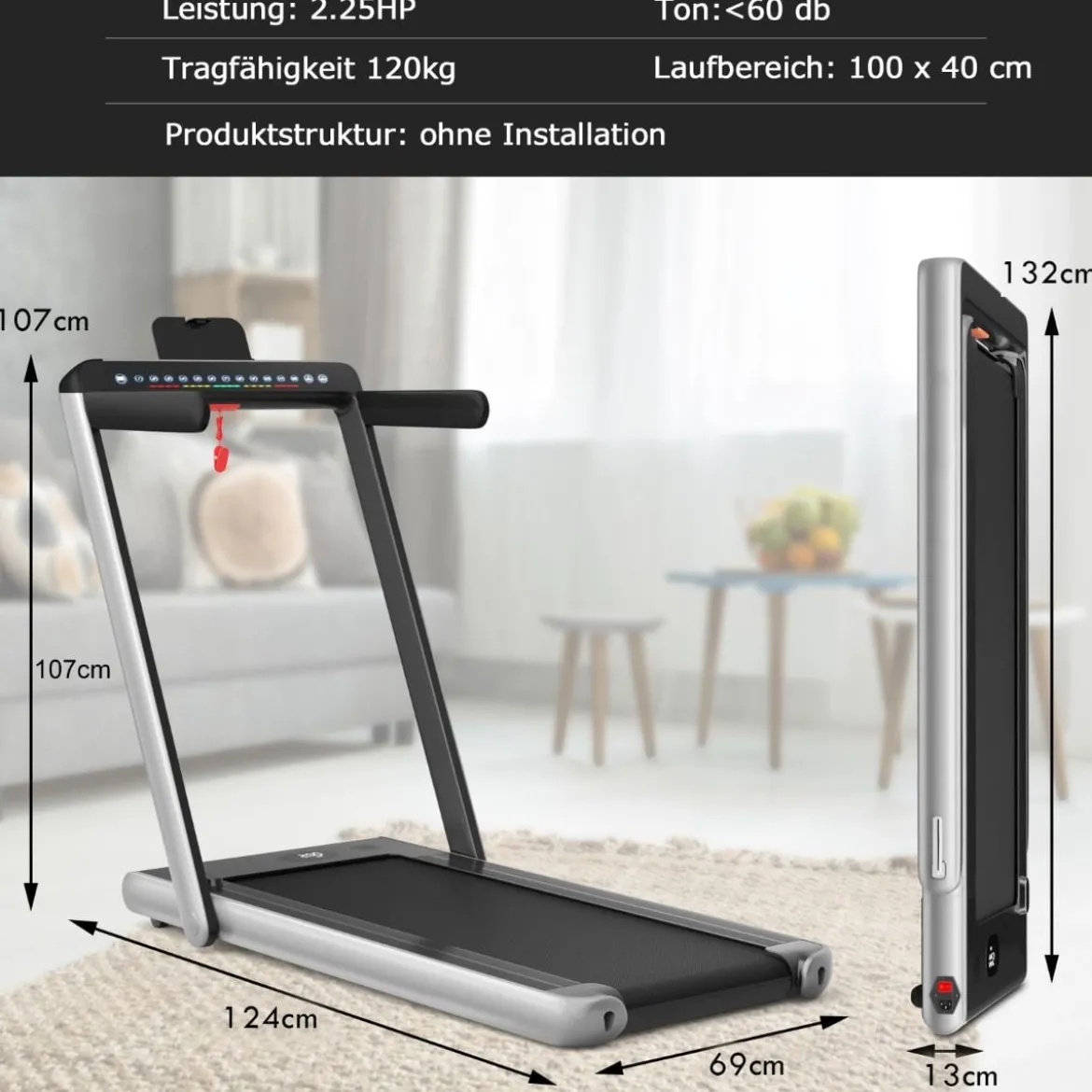Klappbares 2-in-1-Laufband Heimtrainer mit zwei LED-Anzeigen APP & Fernbedienung Silber