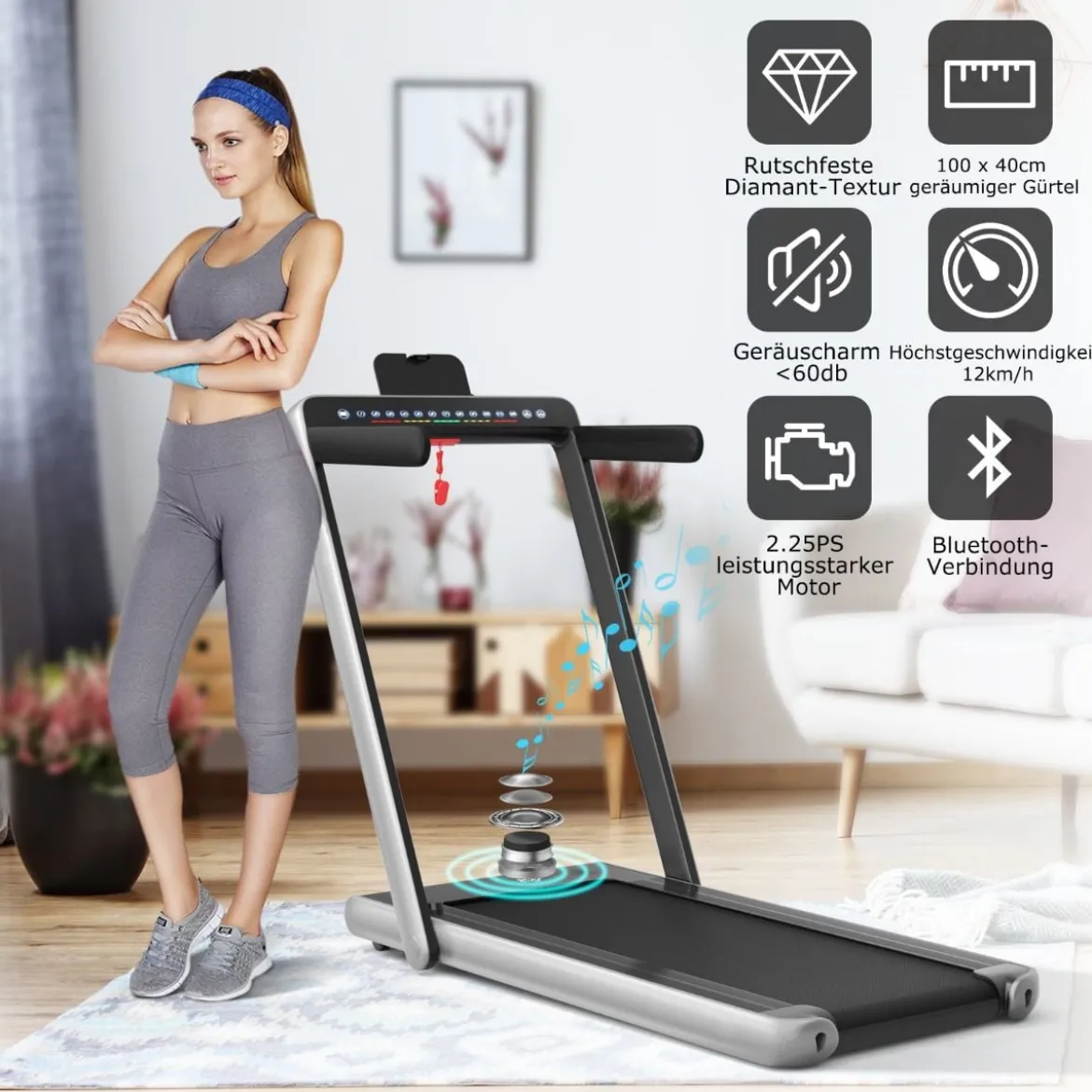 Klappbares 2-in-1-Laufband Heimtrainer mit zwei LED-Anzeigen APP & Fernbedienung Silber