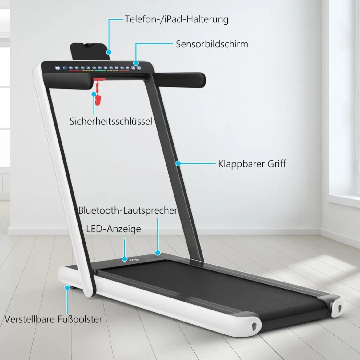 Klappbares 2-in-1-Laufband Leises elektrischer Heimtrainer mit zwei LED-Anzeigen Weiß