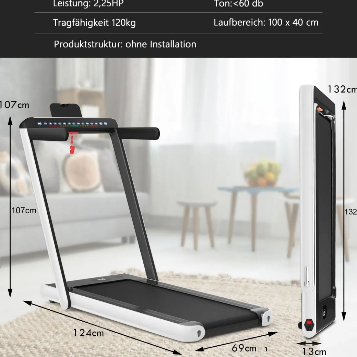 Klappbares 2-in-1-Laufband Leises elektrischer Heimtrainer mit zwei LED-Anzeigen Weiß