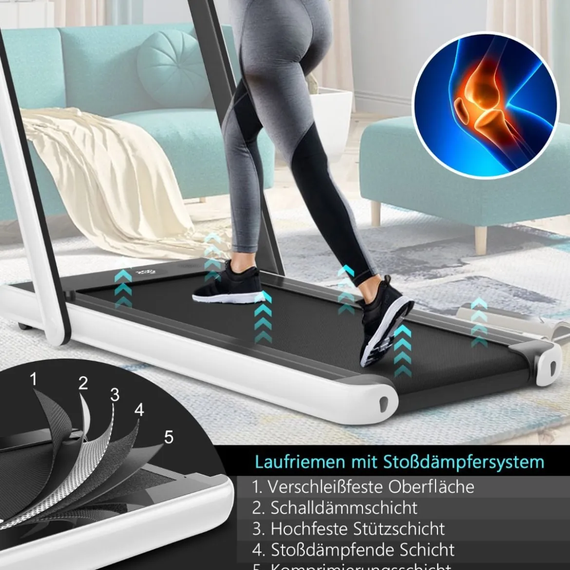 Klappbares 2-in-1-Laufband Leises elektrischer Heimtrainer mit zwei LED-Anzeigen Weiß