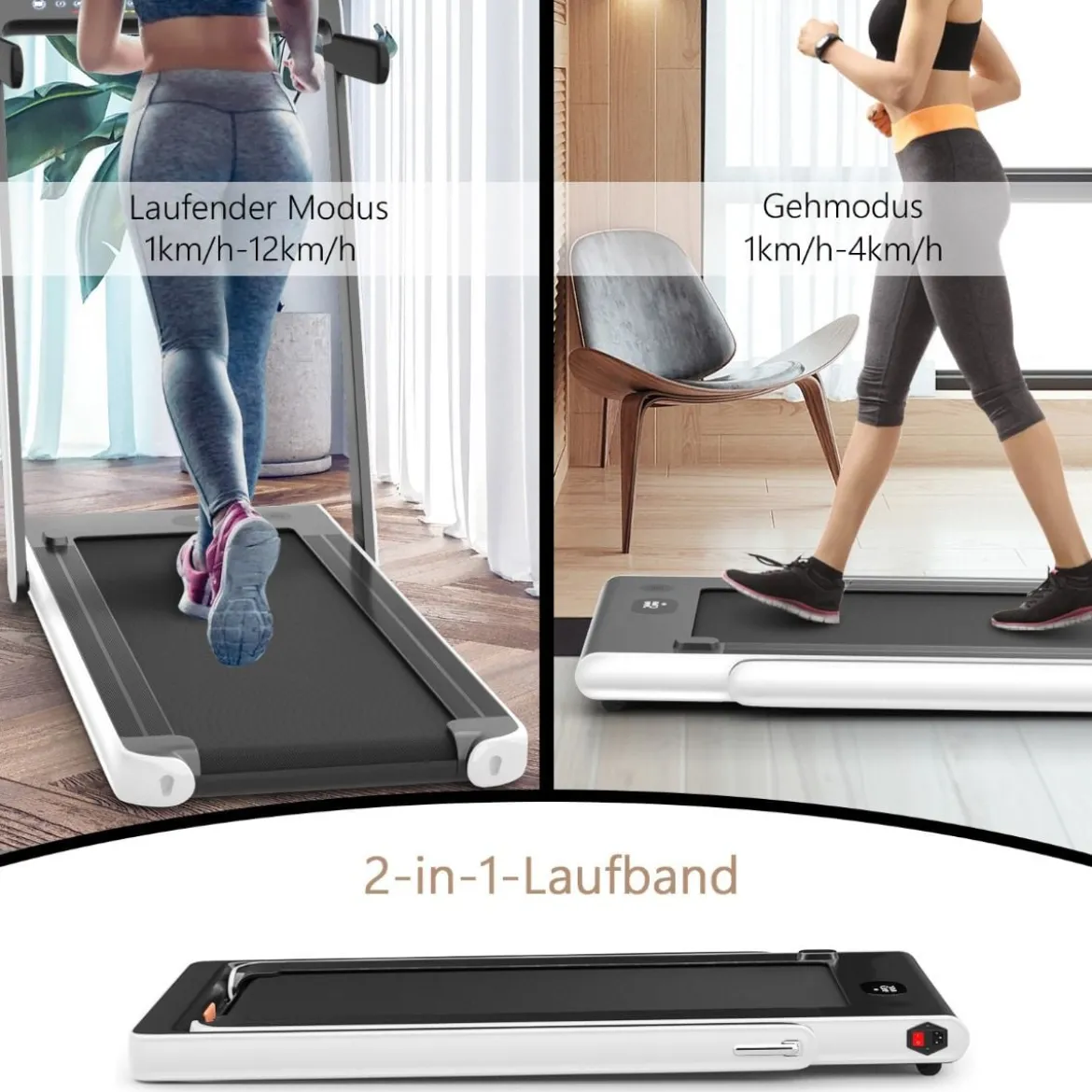 Klappbares 2-in-1-Laufband Leises elektrischer Heimtrainer mit zwei LED-Anzeigen Weiß