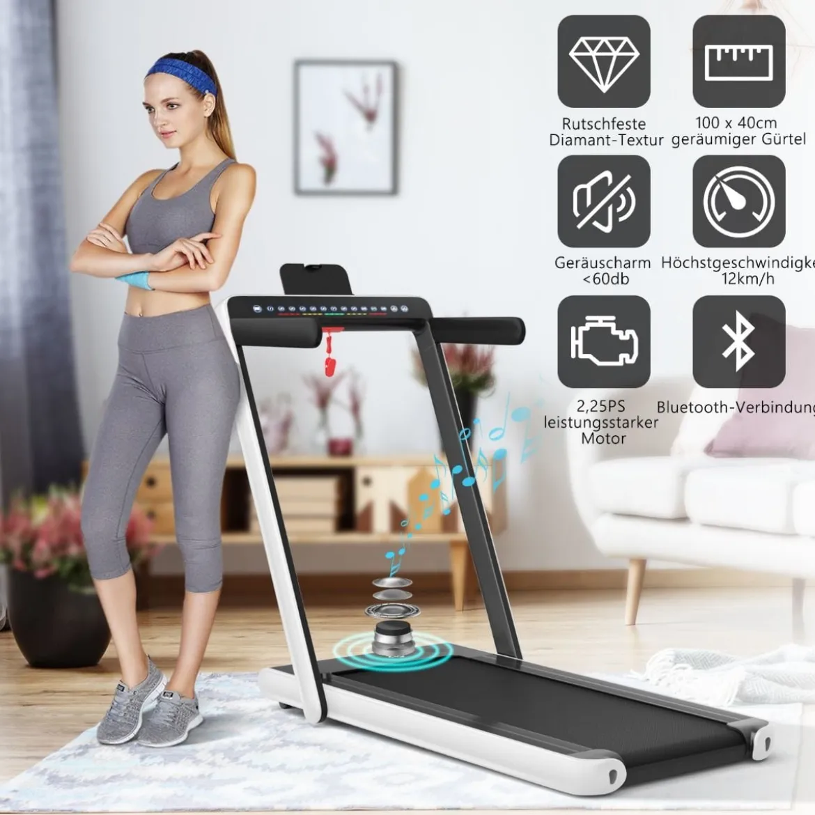 Klappbares 2-in-1-Laufband Leises elektrischer Heimtrainer mit zwei LED-Anzeigen Weiß