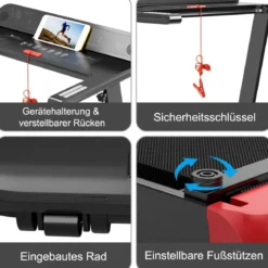 Klappbares Laufband für Zuhause mit Steuerung per App Bluetooth-Lautsprecher Rot