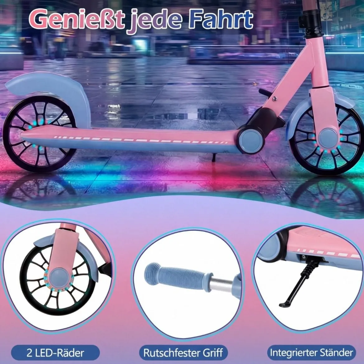 Klappbar Roller Scooter mit 2 Leuchtenden Rädern & Ständer Höhenverstellbar Tretroller Rosa