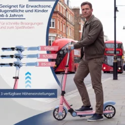 Klappbar Roller Scooter mit 2 Leuchtenden Rädern & Ständer Höhenverstellbar Tretroller Rosa