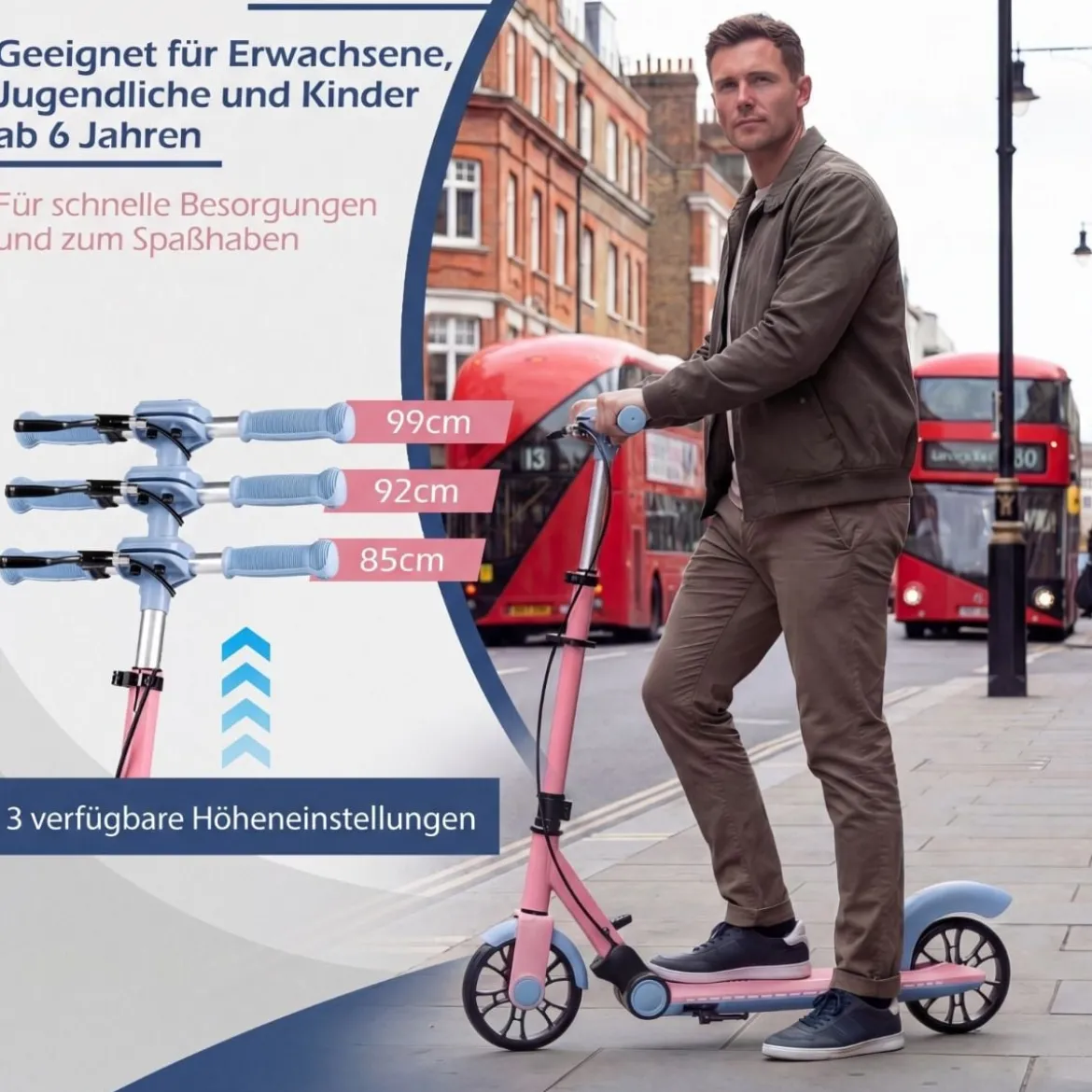 Klappbar Roller Scooter mit 2 Leuchtenden Rädern & Ständer Höhenverstellbar Tretroller Rosa