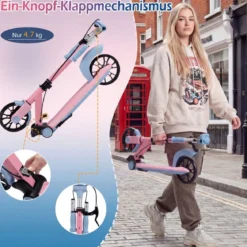 Klappbar Roller Scooter mit 2 Leuchtenden Rädern & Ständer Höhenverstellbar Tretroller Rosa