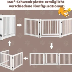 klappbar 3-teiliges Absperrgitter Hunde mit Tor aus Kiefernholz für Türen / Treppen 61cm hoch Weiß