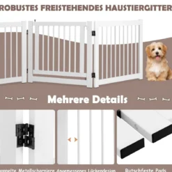 klappbar 3-teiliges Absperrgitter Hunde mit Tor aus Kiefernholz für Türen / Treppen 61cm hoch Weiß