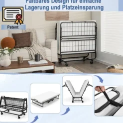 Klappbett mit Memory-Schaum-Matratze & Stabilem Metallrahmen Tragbares Rollbett