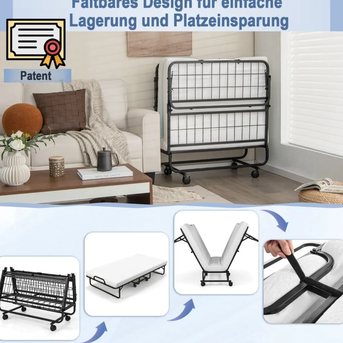 Klappbett mit Memory-Schaum-Matratze & Stabilem Metallrahmen Tragbares Rollbett