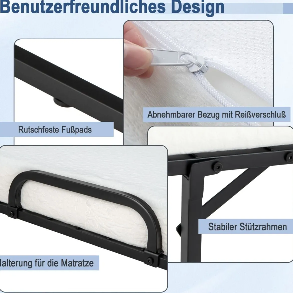 Klappbett mit Memory-Schaum-Matratze & Stabilem Metallrahmen Tragbares Rollbett