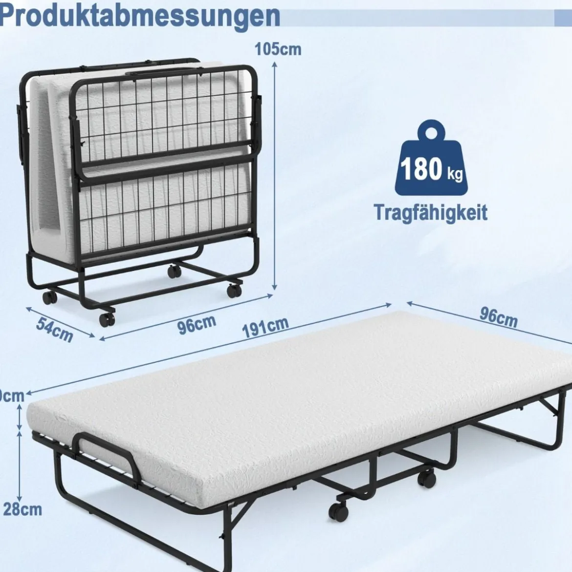 Klappbett mit Memory-Schaum-Matratze & Stabilem Metallrahmen Tragbares Rollbett