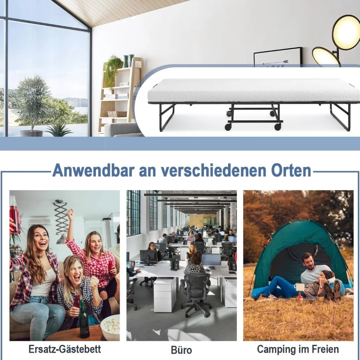 Klappbett mit Memory-Schaum-Matratze & Stabilem Metallrahmen Tragbares Rollbett