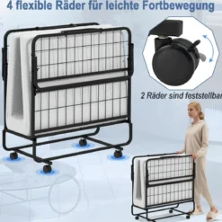 Klappbett mit Memory-Schaum-Matratze & Stabilem Metallrahmen Tragbares Rollbett
