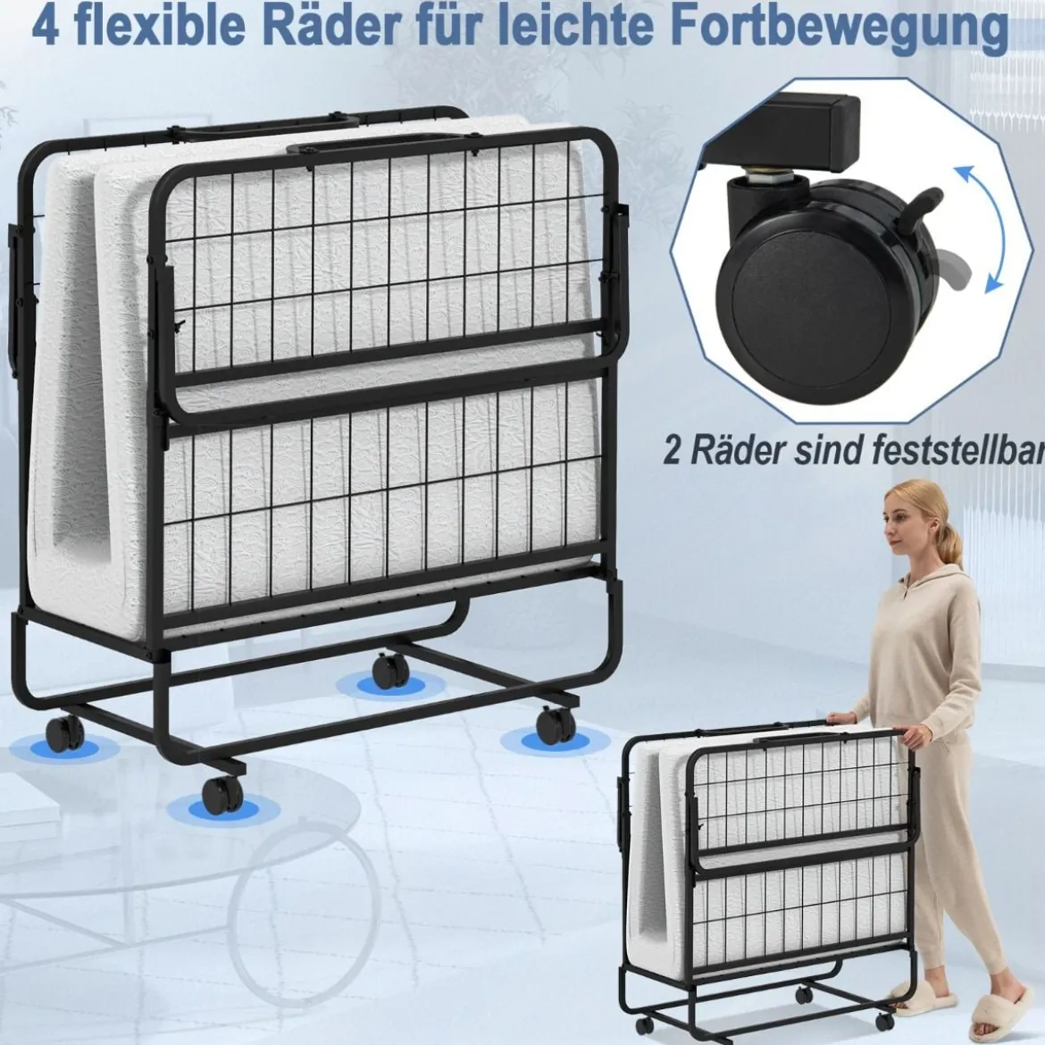 Klappbett mit Memory-Schaum-Matratze & Stabilem Metallrahmen Tragbares Rollbett