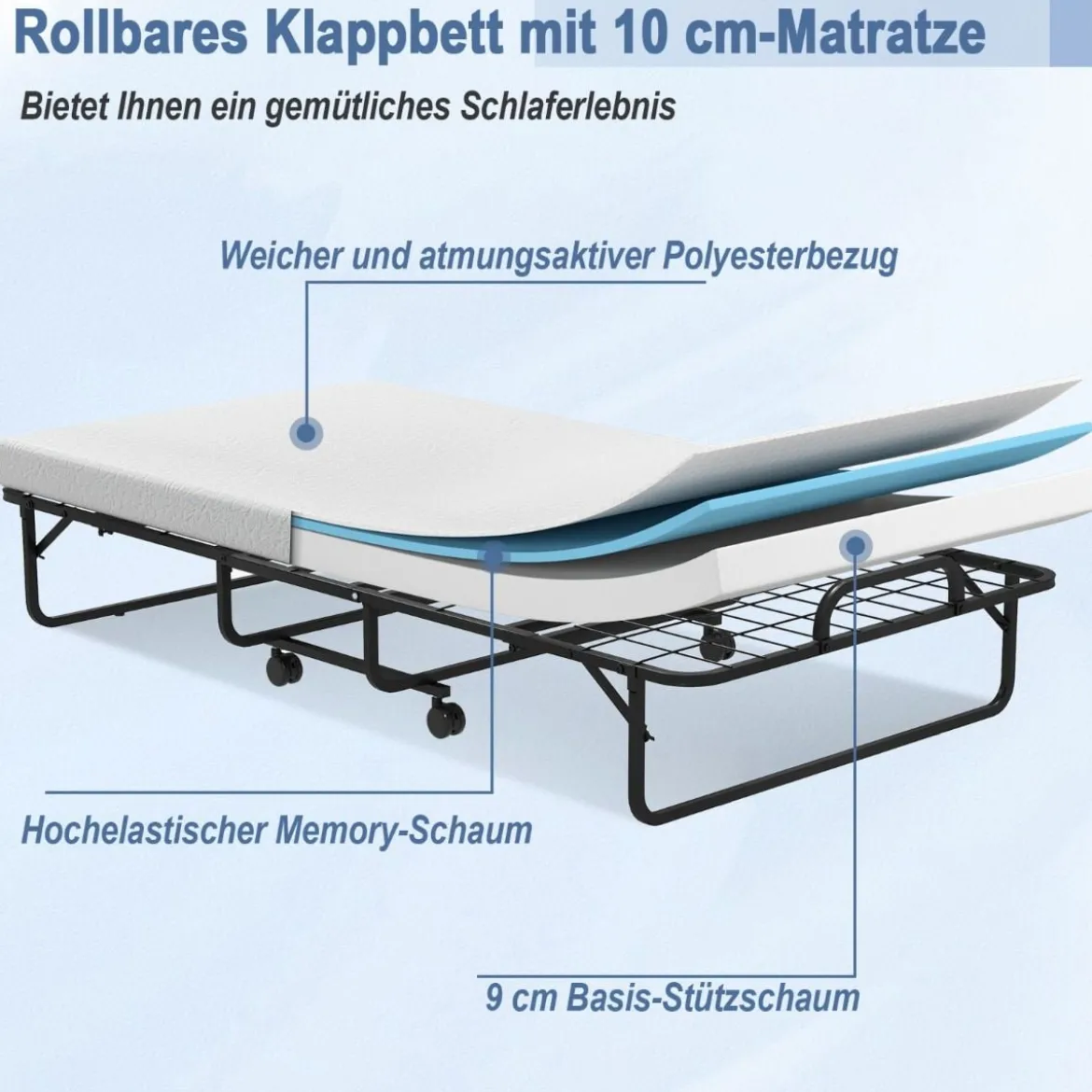 Klappbett mit Memory-Schaum-Matratze & Stabilem Metallrahmen Tragbares Rollbett