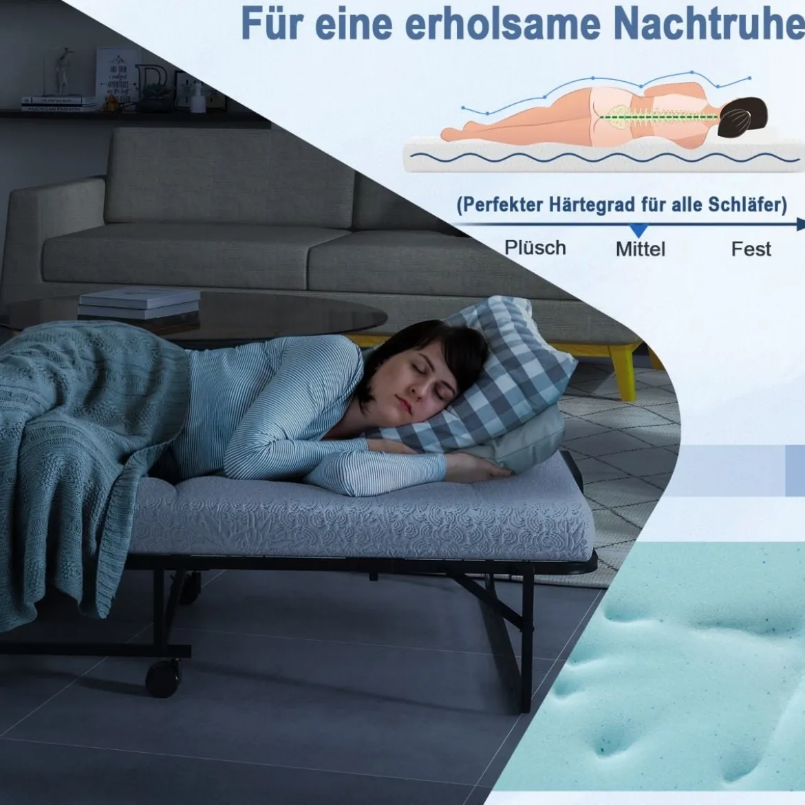 Klappbett mit Memory-Schaum-Matratze & Stabilem Metallrahmen Tragbares Rollbett