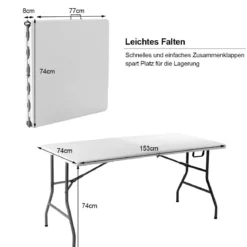 Klapptisch Klappbar Campingtisch Gartentisch Weiß 153 cm x 74 cm x 74 cm