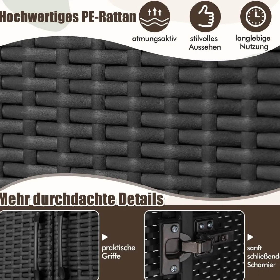 Kleiderschrank aus PE-Rattan mit 2 Türen & Kleiderstange & 4 Fächern Geräteschrank Garderobenschrank für Garten Schlafzimmer