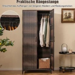 Kleiderschrank aus PE-Rattan mit 2 Türen & Kleiderstange & 4 Fächern Geräteschrank Garderobenschrank für Garten Schlafzimmer
