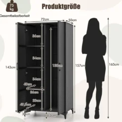 Kleiderschrank aus PE-Rattan mit 2 Türen & Kleiderstange & 4 Fächern Geräteschrank Garderobenschrank für Garten Schlafzimmer