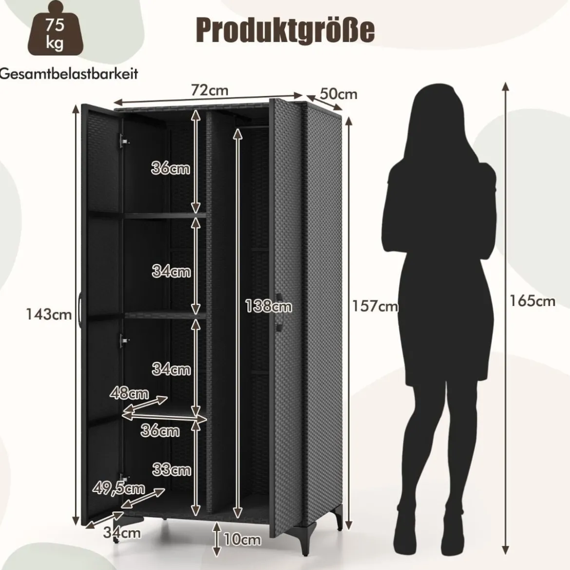 Kleiderschrank aus PE-Rattan mit 2 Türen & Kleiderstange & 4 Fächern Geräteschrank Garderobenschrank für Garten Schlafzimmer