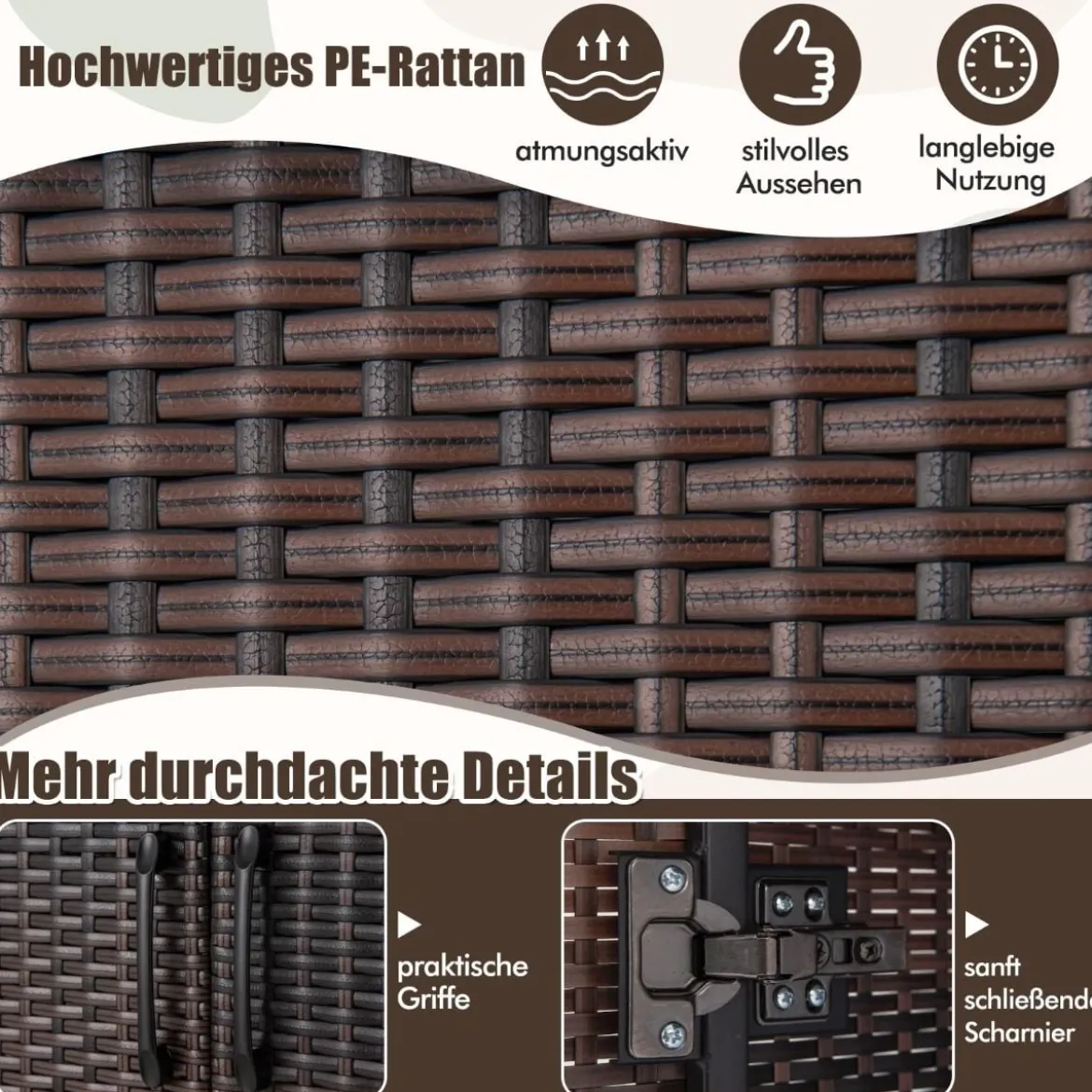 Kleiderschrank aus PE-Rattan mit 2 Türen & Kleiderstange & 4 Fächern Geräteschrank Garderobenschrank für Garten Schlafzimmer