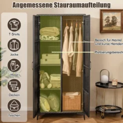 Kleiderschrank aus PE-Rattan mit 2 Türen & Kleiderstange & 4 Fächern Geräteschrank Garderobenschrank für Garten Schlafzimmer