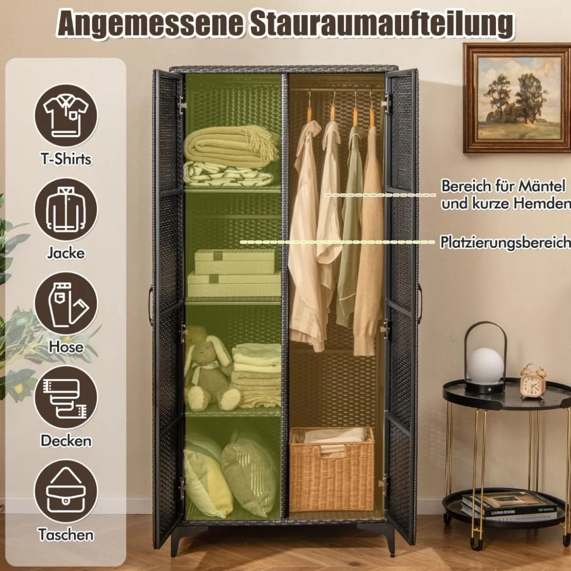 Kleiderschrank aus PE-Rattan mit 2 Türen & Kleiderstange & 4 Fächern Geräteschrank Garderobenschrank für Garten Schlafzimmer