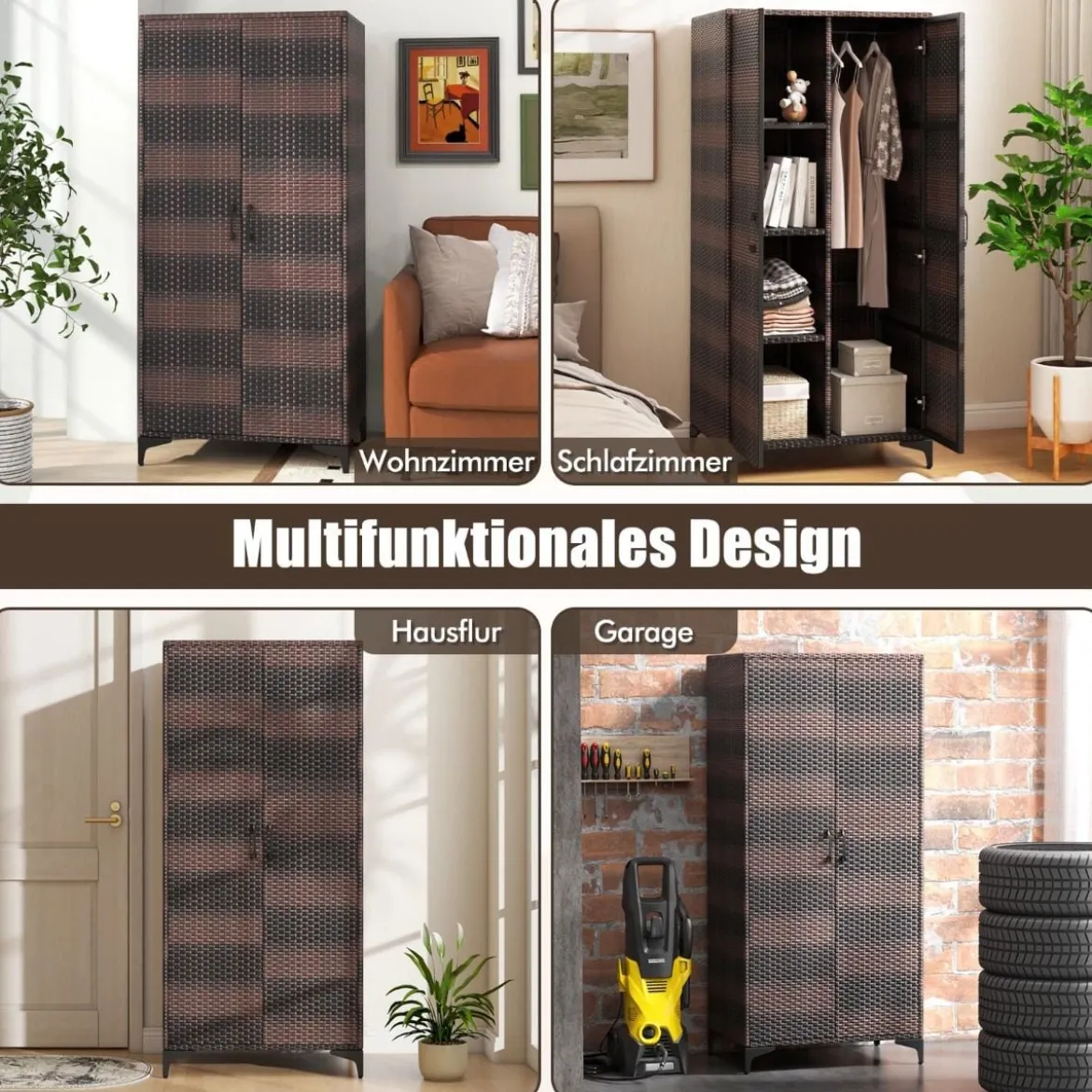 Kleiderschrank aus PE-Rattan mit 2 Türen & Kleiderstange & 4 Fächern Geräteschrank Garderobenschrank für Garten Schlafzimmer